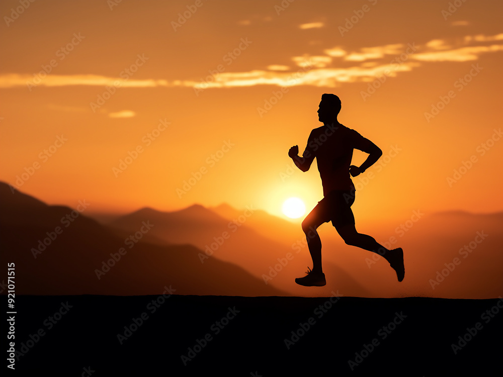 Speedy silhouette of a runner on a fiery sunset mountain background, for a healthy lifestyle Speedy silhouette of a runner on a fiery sunset mountain background, for a healthy lifestyle