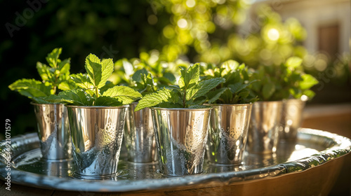 A tray of Mint Juleps served in silver cups, garnished with fresh mint sprigs, warm outdoor light, elegant and refreshing atmosphere, Southern charm