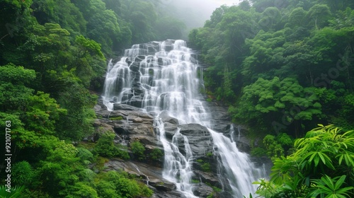 A majestic waterfall cascading down rocky cliffs