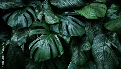 Wallpaper Mural abstract dark green leaves organic nature in a forest detail, tropical foliage plant, monstera leaf Torontodigital.ca