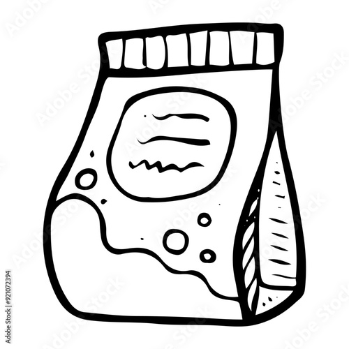 Hand drawn doodle of washing powder package. Cleaning agent. Washing things. House cleaning. Laundry room. Vector outline line art illustration.