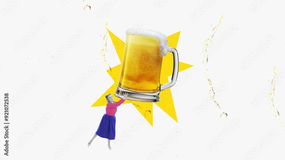 Reaching for rewards. Woman reaching giant beer mug, illustrating aspiration and effort required achieve success and joy in business. Stop motion, animation. Concept of business, office, achievement Reaching for rewards. Woman reaching giant beer mug, illustrating aspiration and effort required achieve success and joy in business. Stop motion, animation. Concept of business, office, achievement