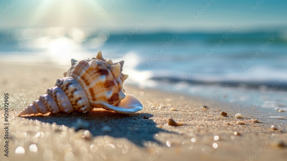 Beautiful sea shell on the sandy beach, with the ocean in the background. Beautiful sea shell on the sandy beach, with the ocean in the background.