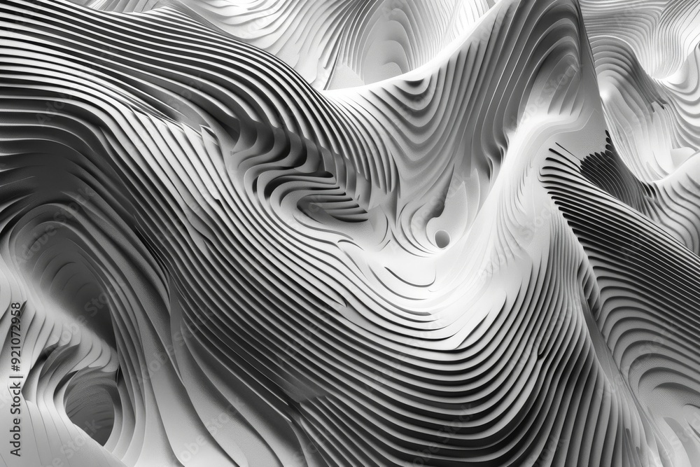 A black and white image showcasing a dynamic wave pattern, emphasizing the fluidity and rhythm of the waves, AI generated