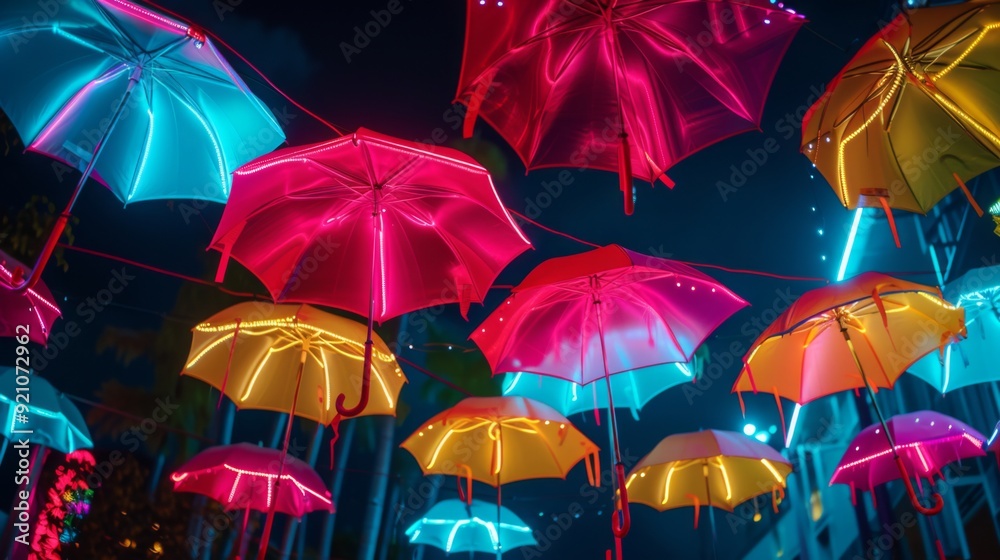 Obraz premium A group of umbrellas glowing with neon lights, creating a vibrant, nighttime scene