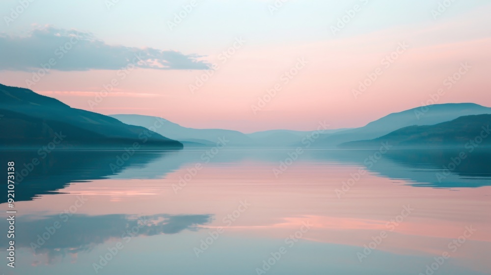 Fototapeta premium Soft pink hues of a sunset reflecting on a calm lake