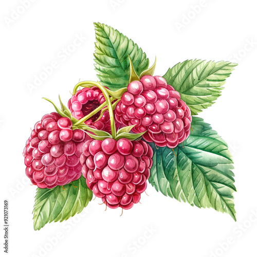 Playful Watercolor Illustration of Cute Raspberries with Leaves for Children's Design on White Background