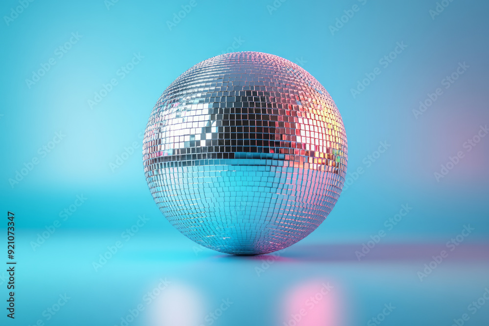 A shiny disco ball reflecting light, set against a pastel turquoise background, A shiny disco ball reflecting light, set against a pastel turquoise background,