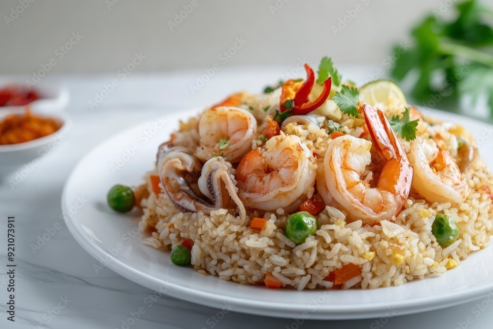 Seafood Tom Yum Fried Rice,Stir fried rice with shrimp and squid with chilli sauce on white plate - generative ai Seafood Tom Yum Fried Rice,Stir fried rice with shrimp and squid with chilli sauce on white plate - generative ai