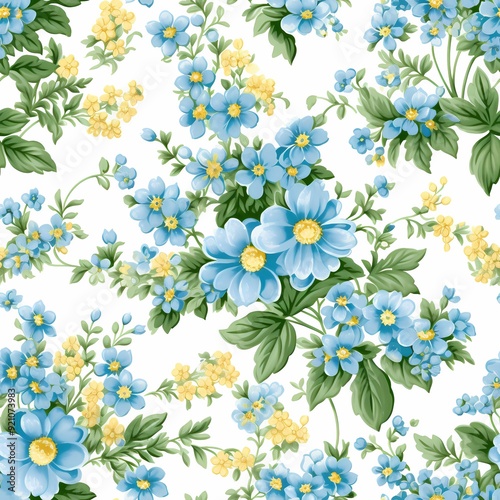 Charming blue and yellow floral pattern with lush green leaves on a white background.