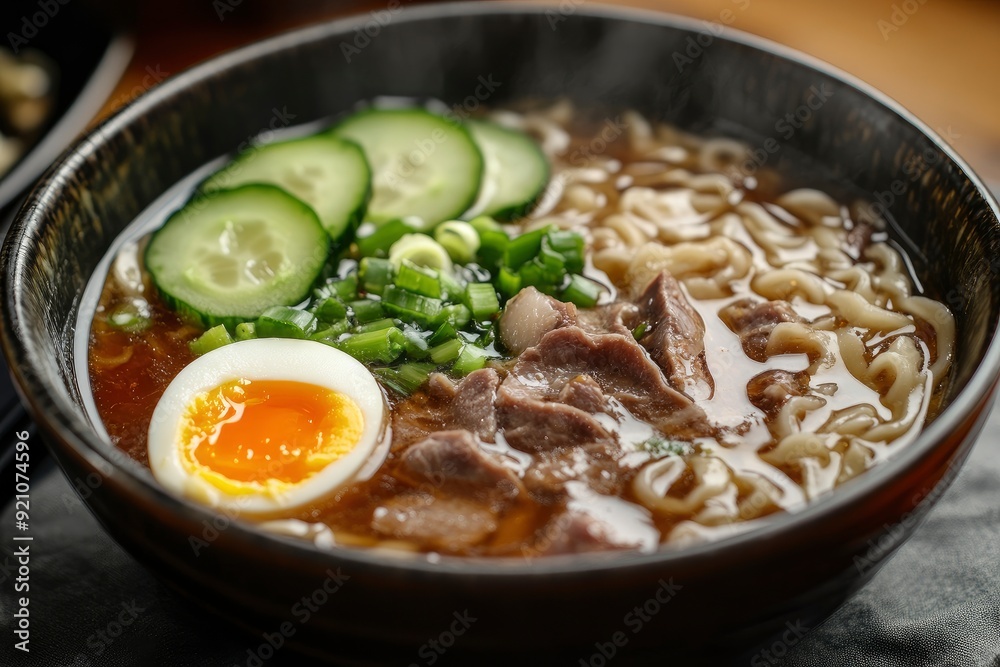 Soup with noodles, egg, cucumber and meat. Lunch. Chinese food - generative ai Soup with noodles, egg, cucumber and meat. Lunch. Chinese food - generative ai