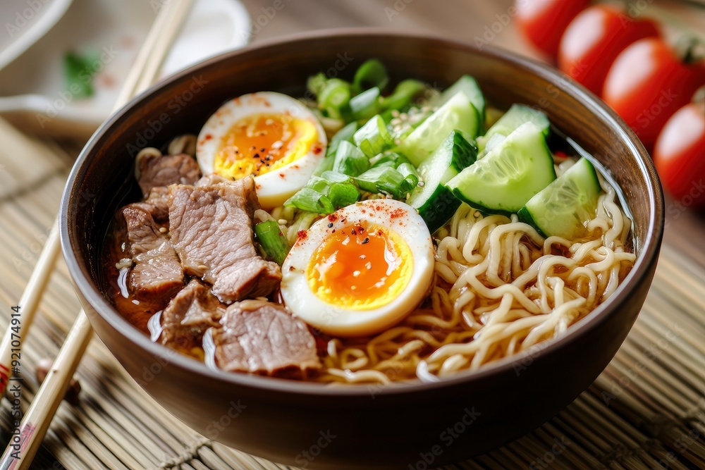 Soup with noodles, egg, cucumber and meat. Lunch. Chinese food - generative ai Soup with noodles, egg, cucumber and meat. Lunch. Chinese food - generative ai
