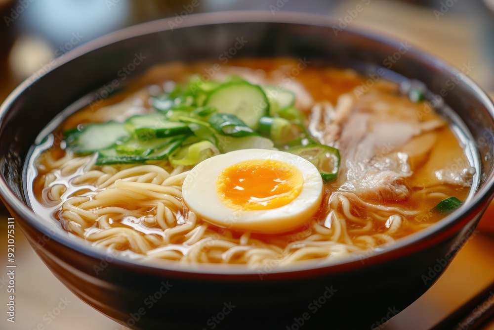 Soup with noodles, egg, cucumber and meat. Lunch. Chinese food - generative ai Soup with noodles, egg, cucumber and meat. Lunch. Chinese food - generative ai
