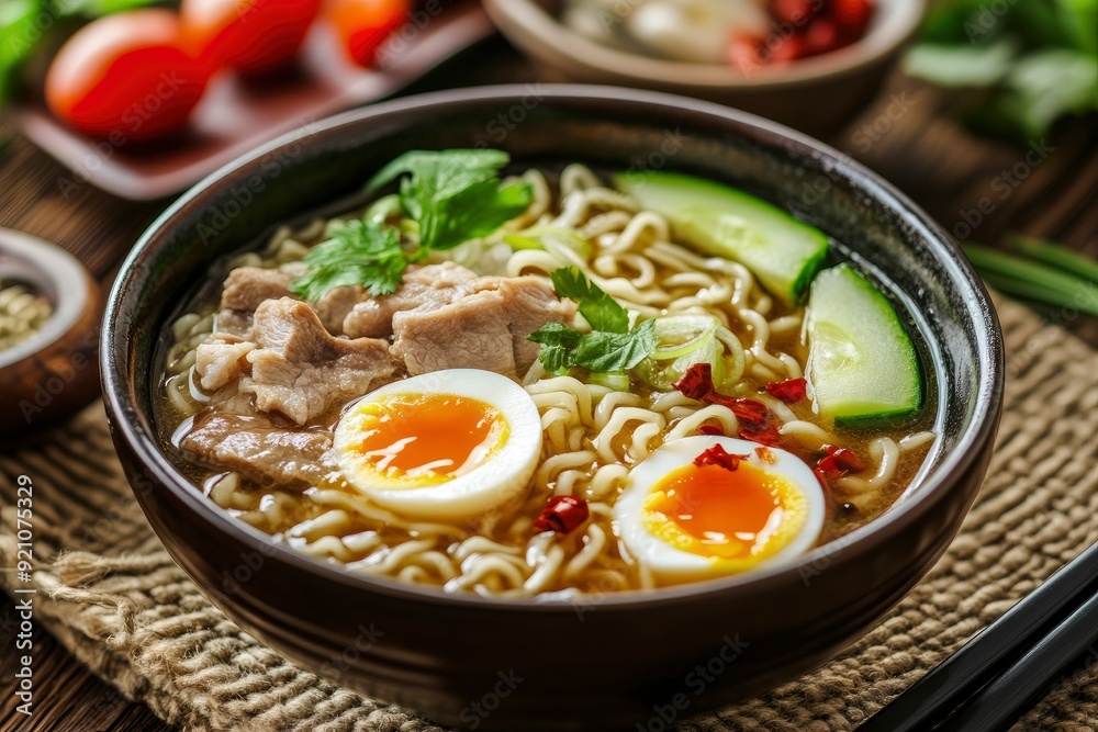 Soup with noodles, egg, cucumber and meat. Lunch. Chinese food - generative ai Soup with noodles, egg, cucumber and meat. Lunch. Chinese food - generative ai