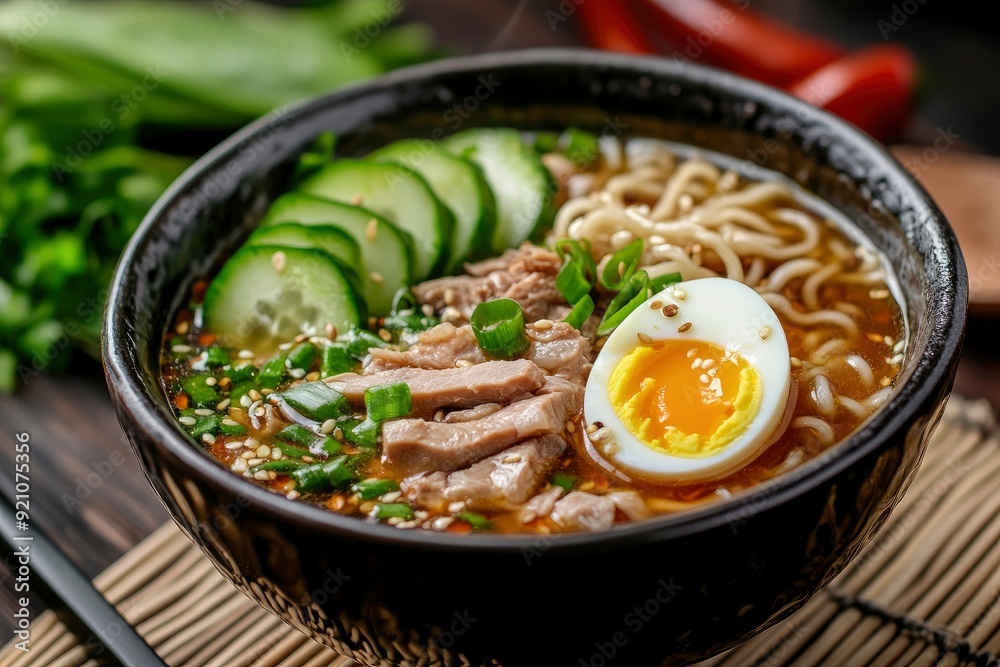 Soup with noodles, egg, cucumber and meat. Lunch. Chinese food - generative ai Soup with noodles, egg, cucumber and meat. Lunch. Chinese food - generative ai