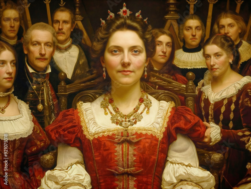 A painting of a woman in a red dress with a tiara on her head. She is surrounded by other people in red and white clothing