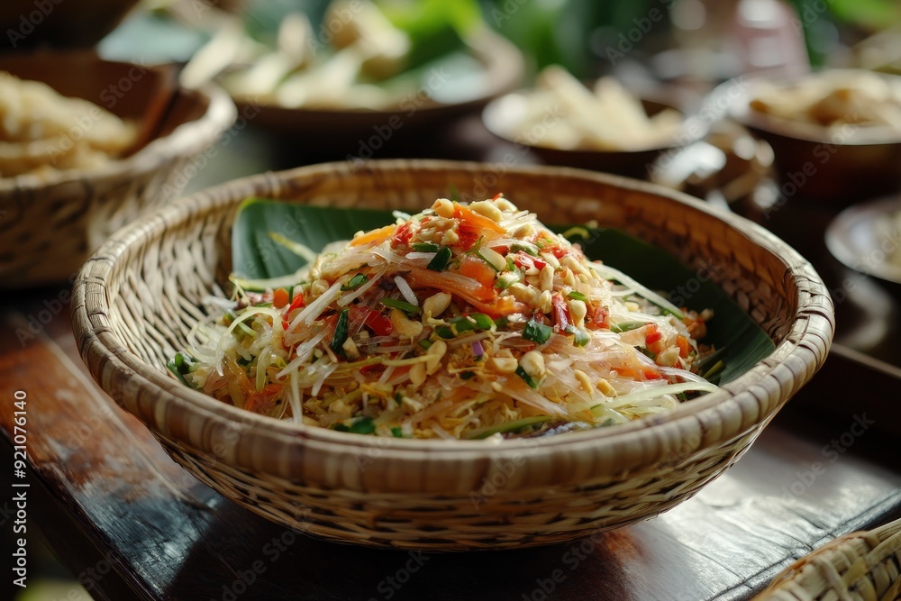 Sticky rice, papaya salad, Som Tam , som tum, thai food, isan food,Thai isan kitchen - generative ai Sticky rice, papaya salad, Som Tam , som tum, thai food, isan food,Thai isan kitchen - generative ai