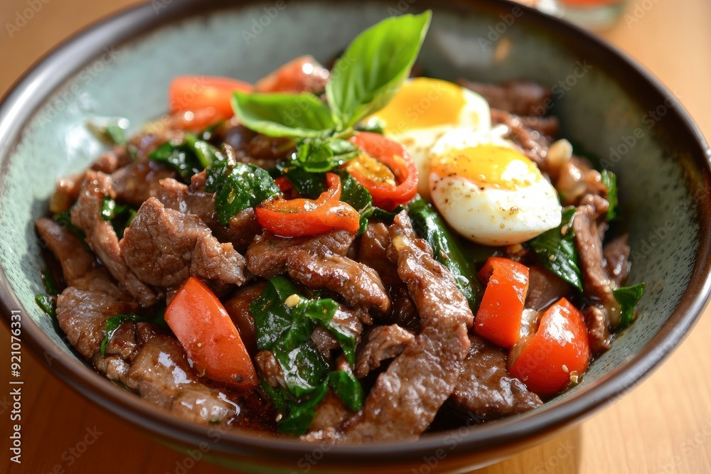Stir Fried Beef with holy basil and eggs - generative ai Stir Fried Beef with holy basil and eggs - generative ai
