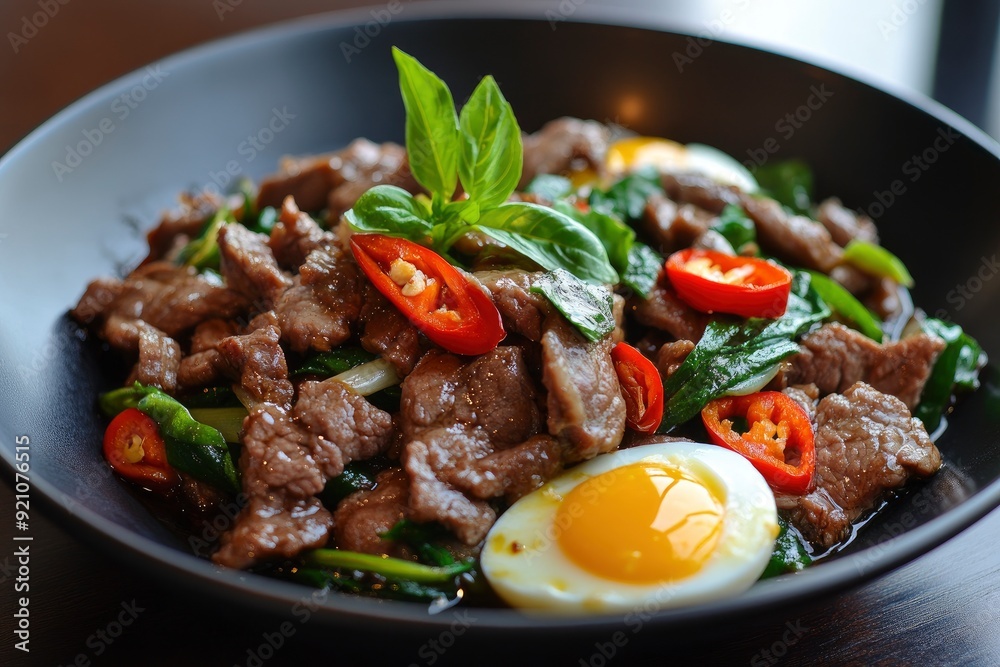 Stir Fried Beef with holy basil and eggs - generative ai Stir Fried Beef with holy basil and eggs - generative ai