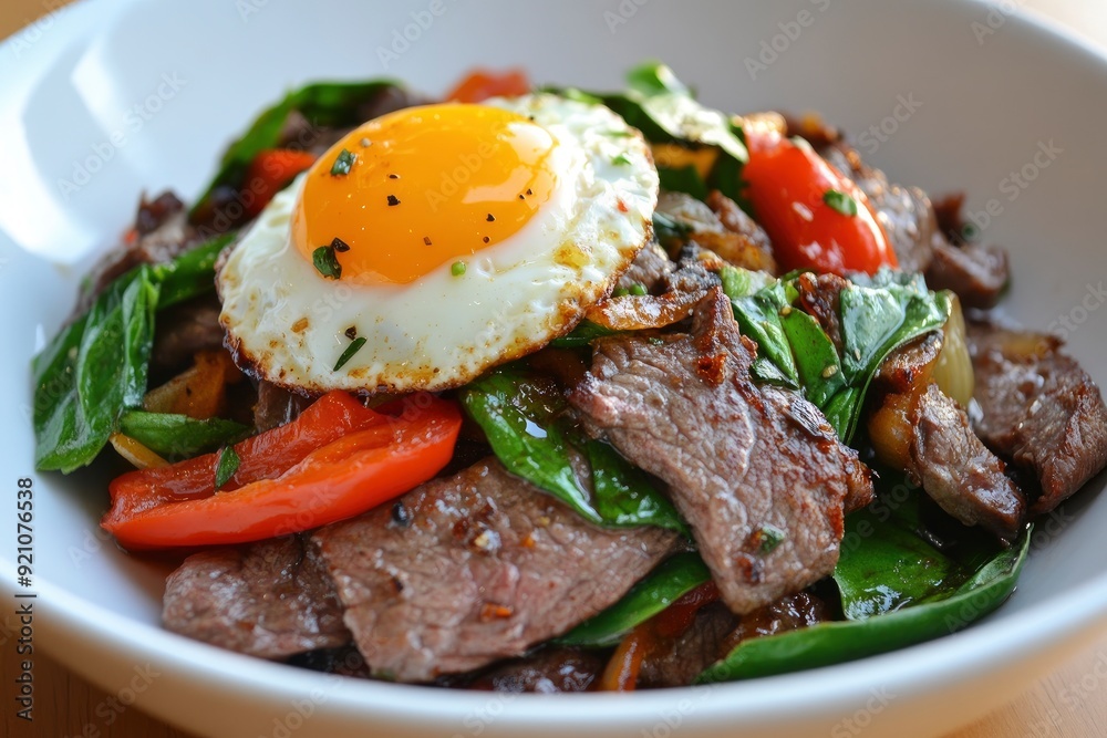 Stir Fried Beef with holy basil and eggs - generative ai Stir Fried Beef with holy basil and eggs - generative ai