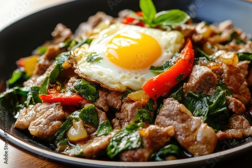 Stir Fried Beef with holy basil and eggs - generative ai