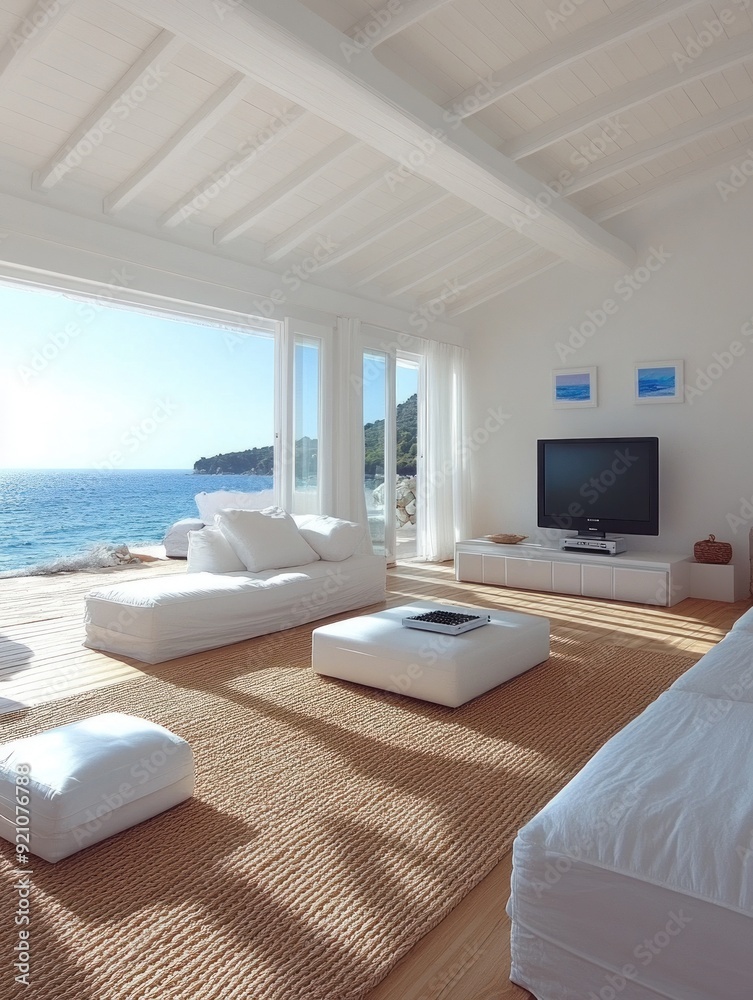 A bright living room filled with sunlight and ocean views invites relaxation A bright living room filled with sunlight and ocean views invites relaxation