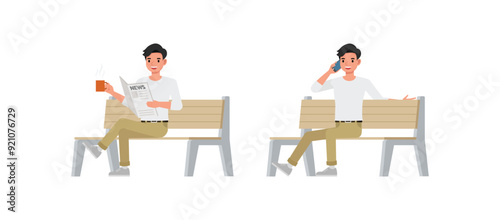 Men wear white shirt character set. Man sitting, drinking coffee, reading newspaper. Vector illustration cartoon design.