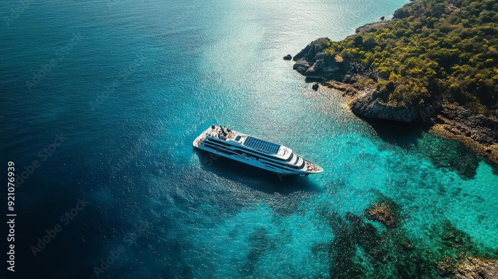 A serene aerial view of a luxurious yacht anchored in clear blue waters, surrounded by lush greenery and rocky shoreline. A serene aerial view of a luxurious yacht anchored in clear blue waters, surrounded by lush greenery and rocky shoreline.