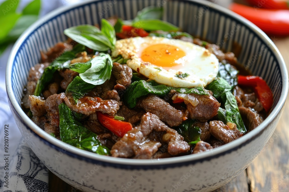 Stir Fried Beef with holy basil and eggs - generative ai Stir Fried Beef with holy basil and eggs - generative ai