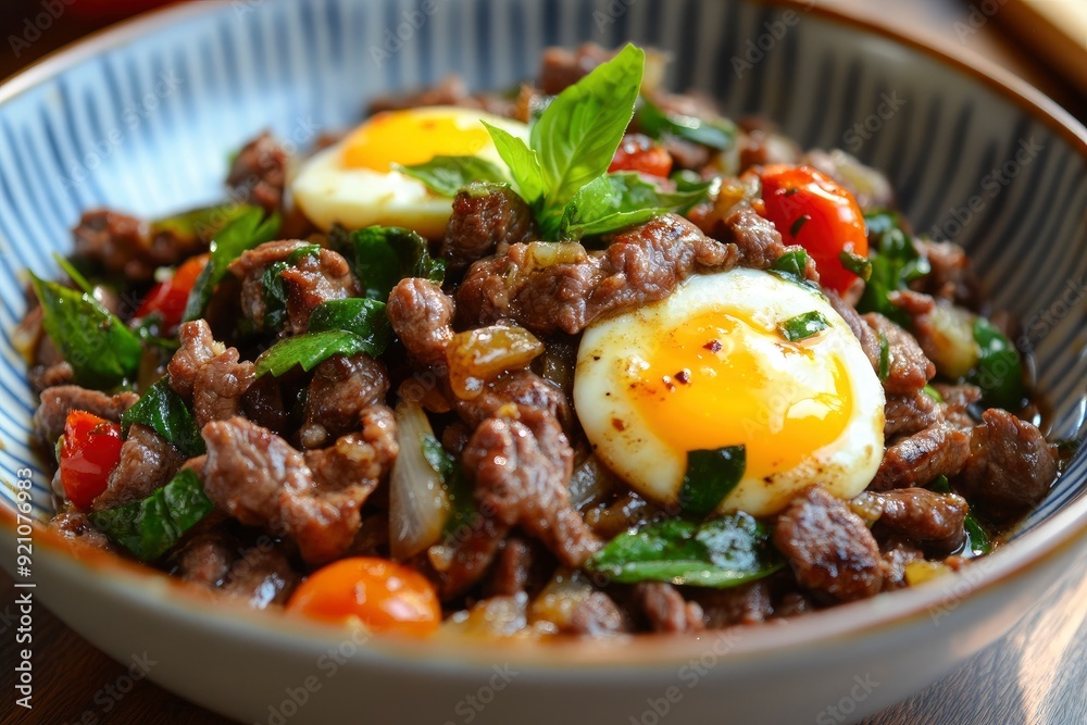 Stir Fried Beef with holy basil and eggs - generative ai Stir Fried Beef with holy basil and eggs - generative ai