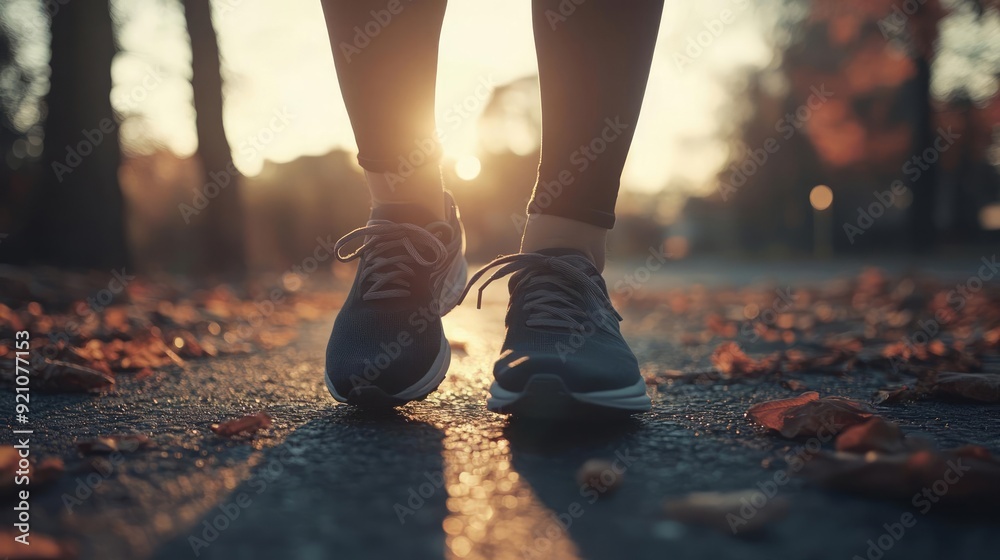 A serene sunset walk featuring athletic shoes on a path covered with autumn leaves, perfect for fitness and outdoor themes. A serene sunset walk featuring athletic shoes on a path covered with autumn leaves, perfect for fitness and outdoor themes.