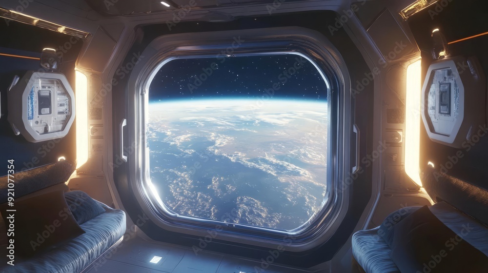 A stunning view from a futuristic spacecraft window, showcasing Earth's curvature and a vast expanse of space. A stunning view from a futuristic spacecraft window, showcasing Earth's curvature and a vast expanse of space.
