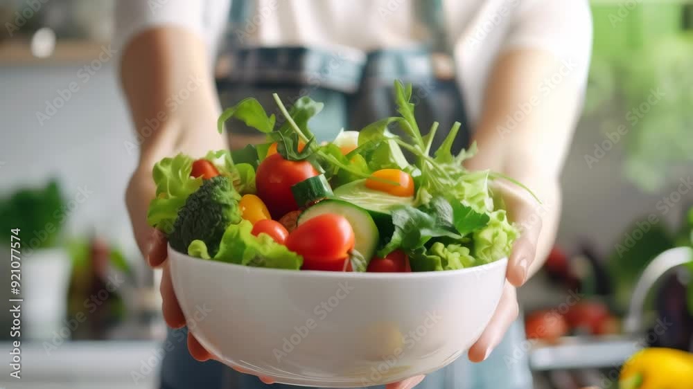 Person holding a bowl of fresh salad with vibrant vegetables in a kitchen. Concept of healthy eating, organic food, and a balanced diet 