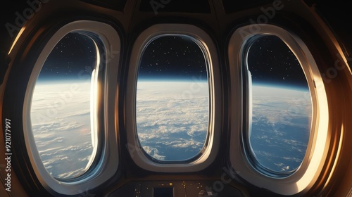 Fototapeta Naklejka Na Ścianę i Meble -  View from a spacecraft window, showcasing the beauty of Earth against the vastness of space with distant stars.