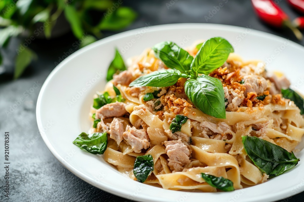 Stir fried trivelle pasta with Canned tuna fish and crispy basil leaves in white plate,Spicy pasta Pad Kra Pao.Thai fusion food - generative ai Stir fried trivelle pasta with Canned tuna fish and crispy basil leaves in white plate,Spicy pasta Pad Kra Pao.Thai fusion food - generative ai