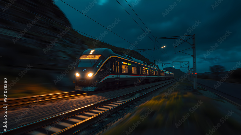 Fototapeta premium High key landscape with a futuristic train running sideway on semi conductor tracks, lighted, motion blur. Generative AI