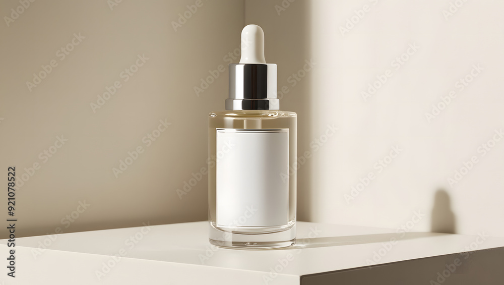 Serum cosmetics glass bottle with white empty label mockup on white background. Mockup of container with dropper. Serum cosmetics glass bottle with white empty label mockup on white background. Mockup of container with dropper.