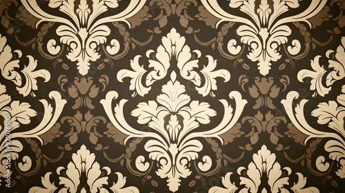 Elegant Vintage Chocolate Brown and Cream Damask Floral Pattern Background with Ornamental Swirls and Flourishes