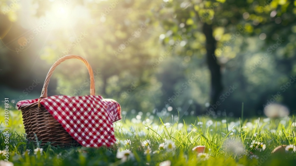 Serene picnic scene with wicker basket and red checkered cloth on grassy meadow. Sunlight filters through the trees, creating a peaceful ambiance. Serene picnic scene with wicker basket and red checkered cloth on grassy meadow. Sunlight filters through the trees, creating a peaceful ambiance.