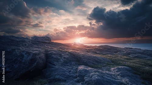 Rocky Shoreline at Sunset with Dramatic Clouds