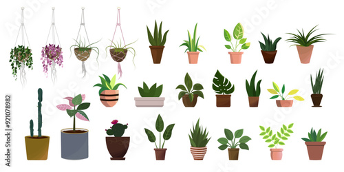 Set of houseplants in a pots for home, office. Indoor plant in flowerpot. Trendy home decor with plants, urban jungle. Vector illustration