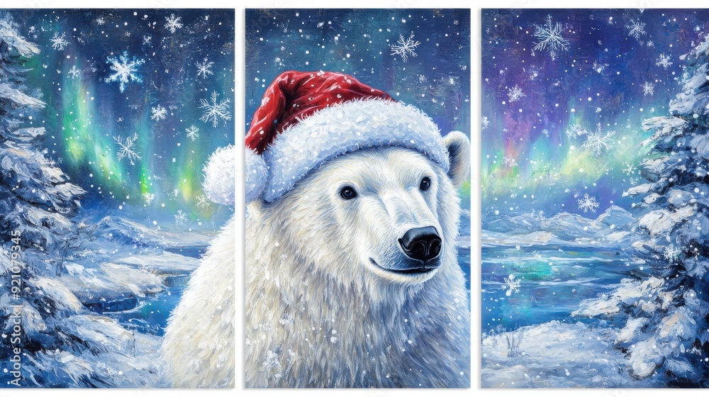 Set of 3 wall art panels with a festive polar bear wearing a Santa hat, against an icy landscape with northern lights and snowflakes, painting, close up, split into three on white background Set of 3 wall art panels with a festive polar bear wearing a Santa hat, against an icy landscape with northern lights and snowflakes, painting, close up, split into three on white background