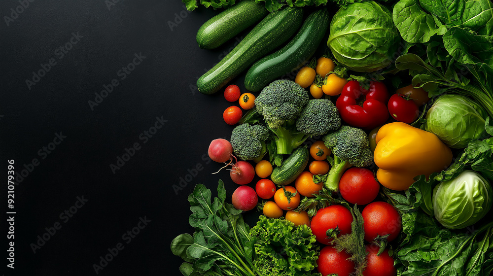 An assortment of fresh vegetables including zucchini, bell peppers, tomatoes, broccoli, and leafy greens arranged on a dark background with ample copy space. An assortment of fresh vegetables including zucchini, bell peppers, tomatoes, broccoli, and leafy greens arranged on a dark background with ample copy space.