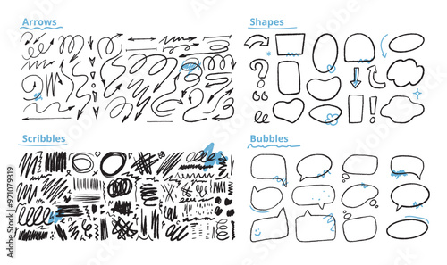 A large set of various doodle elements, scribbles, arrows, frames, bubbles. Vector elements for presentation design.