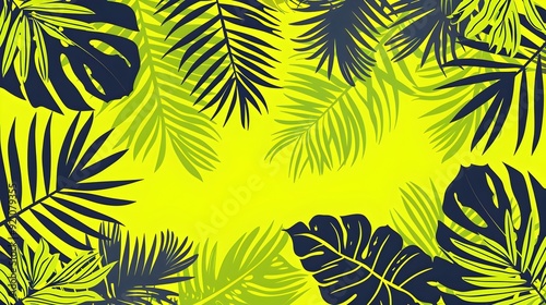 Lush Tropical Foliage with Bold Navy and Lime Green Tones as Background Texture