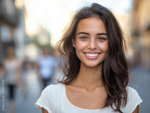 A young woman with a radiant smile walking down a city street, representing youth, energy, and positivity in a bustling urban environment. Free Download A young woman with a radiant smile walking down a city street, representing youth, energy, and positivity in a bustling urban environment. - GFXLoad