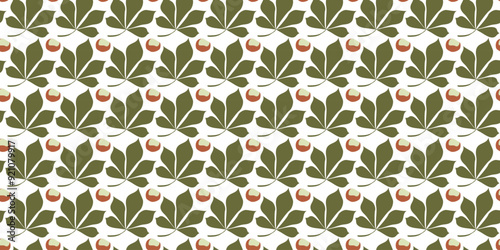 Autumn chestnut leaves and Nuts seamless vector pattern for fabric, wallpaper and wrapping paper. Flat or Cartoon Botany Illustration with Elements Isolated on White background for Textile