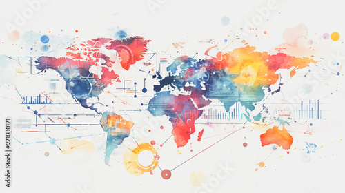 watercolor of Abstract with pastel colorful charts and graphs with statistics to analyze business potential and forecast future development of companies growth. with word map.
