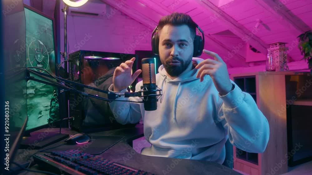 Caucasian smiling talking microphone at camera guy male gamer man streamer influencer blogger in headphones record channel online vlog chat talk e-sport video game cyber sport addict radio presenter