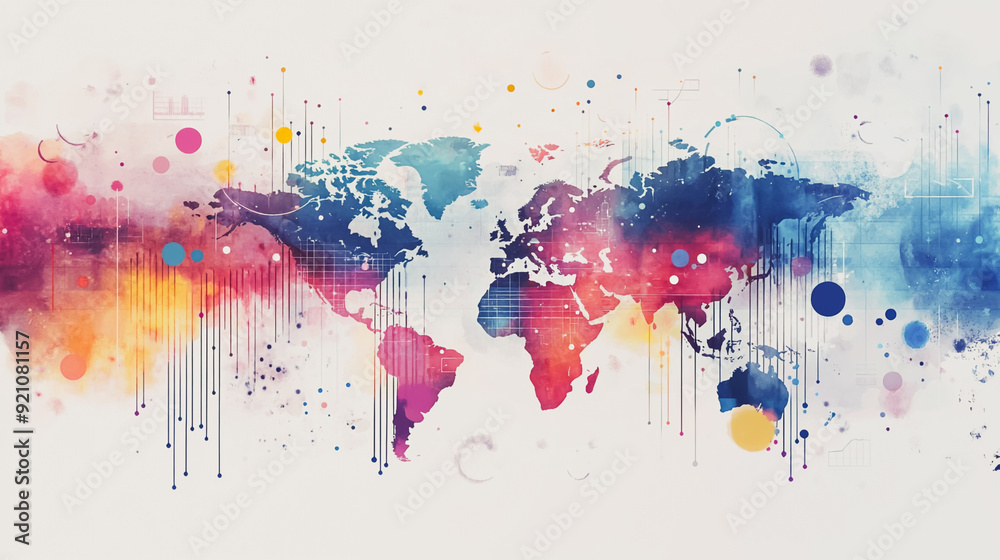 Fototapeta premium watercolor of Abstract with pastel colorful charts and graphs with statistics to analyze business potential and forecast future development of companies growth. with word map.